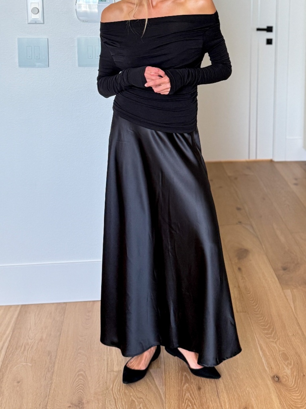 Black Satin Maxi Skirt | High Waist, Elegant Flow, Minimalist Evening Wear